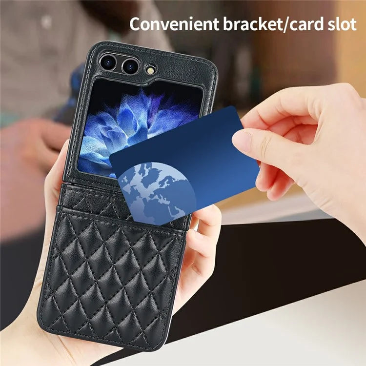 For Samsung Galaxy Z Flip6 5G Case with Strap Card Slot PU+PC Phone Cover Built-In Tempered Glass Back Film