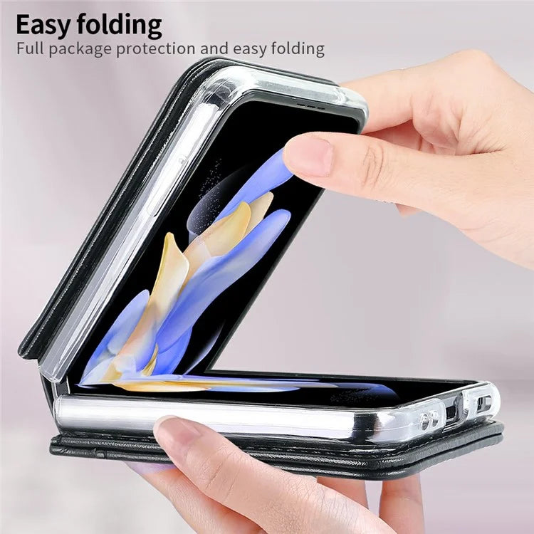 For Samsung Galaxy Z Flip6 5G Case with Strap Card Slot PU+PC Phone Cover Built-In Tempered Glass Back Film