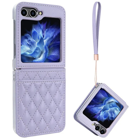 For Samsung Galaxy Z Flip5 5G Case with Strap Card Slot PU+PC Phone Cover Built-In Tempered Glass Back Film