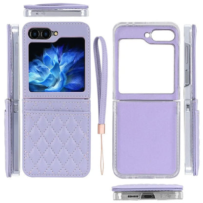 For Samsung Galaxy Z Flip5 5G Case with Strap Card Slot PU+PC Phone Cover Built-In Tempered Glass Back Film