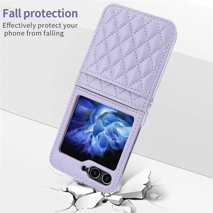 For Samsung Galaxy Z Flip5 5G Case with Strap Card Slot PU+PC Phone Cover Built-In Tempered Glass Back Film