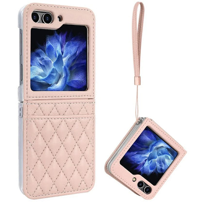 For Samsung Galaxy Z Flip5 5G Case with Strap Card Slot PU+PC Phone Cover Built-In Tempered Glass Back Film