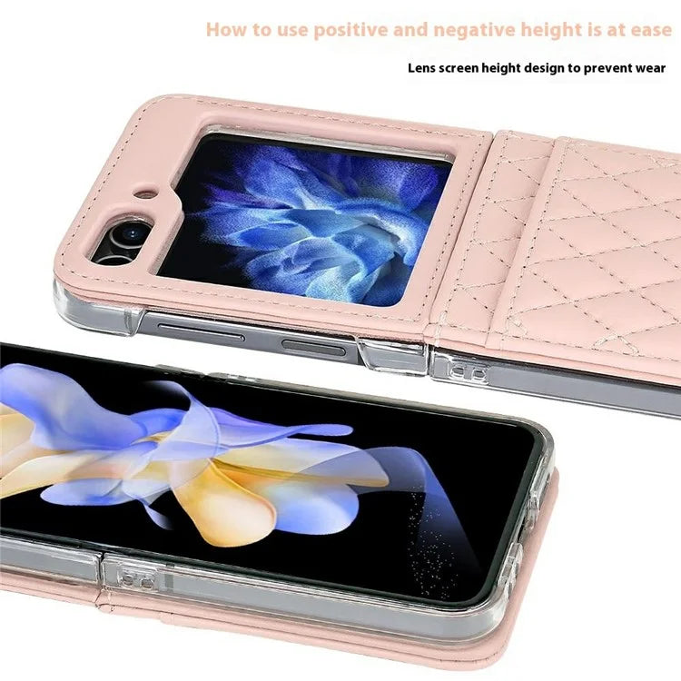 For Samsung Galaxy Z Flip5 5G Case with Strap Card Slot PU+PC Phone Cover Built-In Tempered Glass Back Film