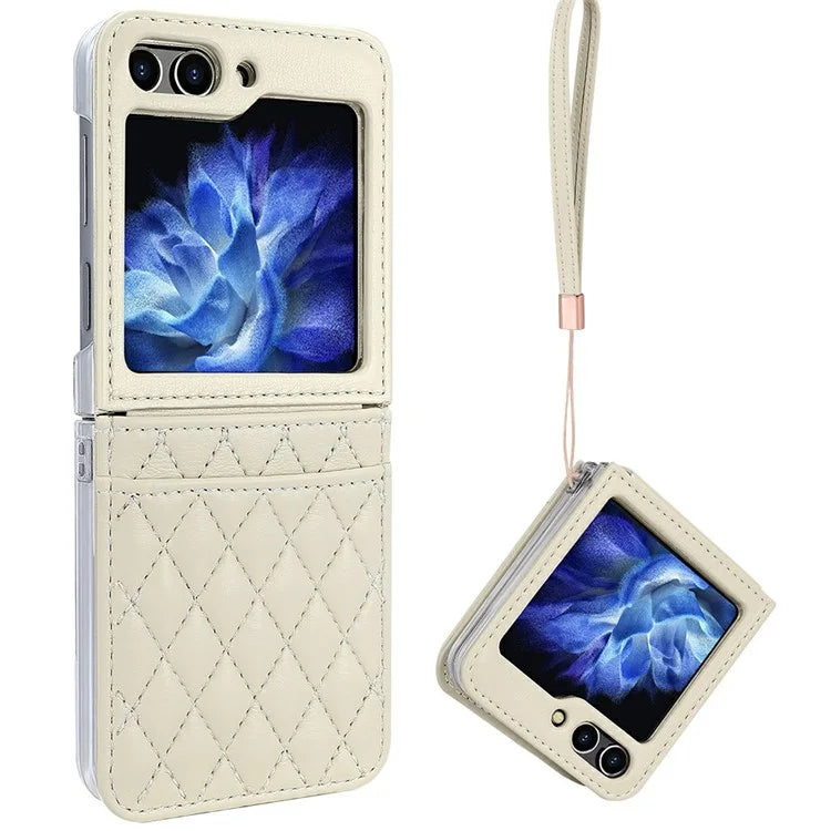 For Samsung Galaxy Z Flip5 5G Case with Strap Card Slot PU+PC Phone Cover Built-In Tempered Glass Back Film