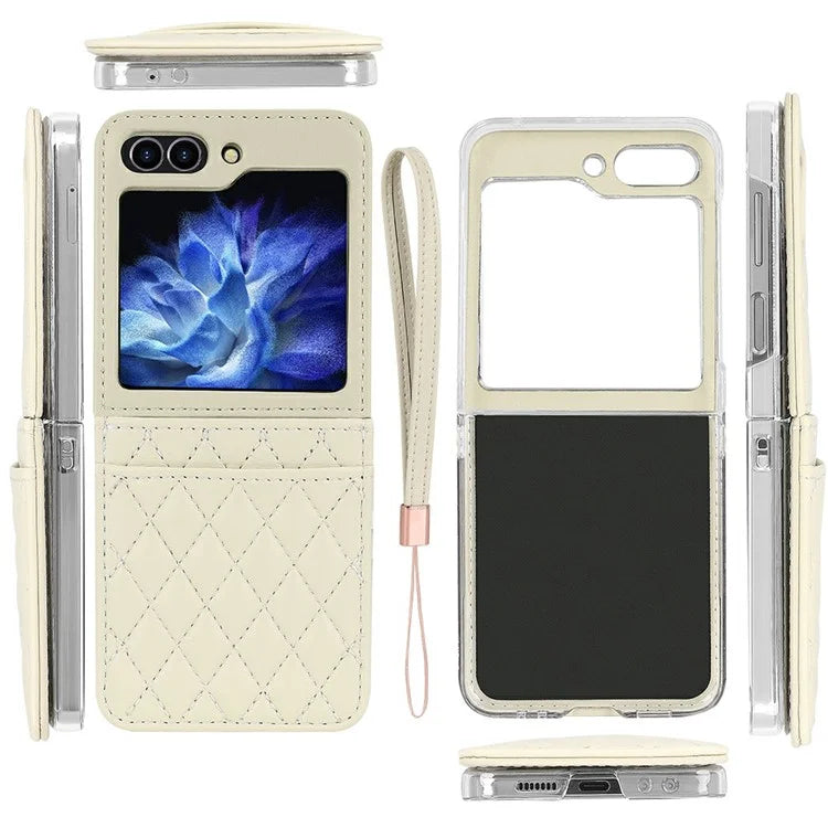 For Samsung Galaxy Z Flip5 5G Case with Strap Card Slot PU+PC Phone Cover Built-In Tempered Glass Back Film