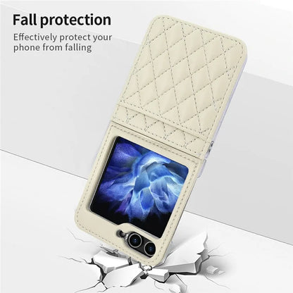 For Samsung Galaxy Z Flip5 5G Case with Strap Card Slot PU+PC Phone Cover Built-In Tempered Glass Back Film