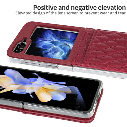 For Samsung Galaxy Z Flip5 5G Case with Strap Card Slot PU+PC Phone Cover Built-In Tempered Glass Back Film