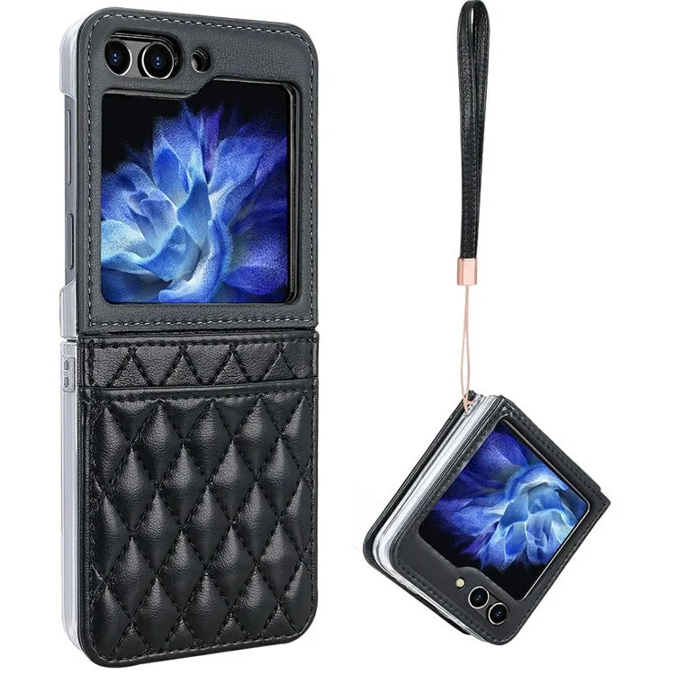 For Samsung Galaxy Z Flip5 5G Case with Strap Card Slot PU+PC Phone Cover Built-In Tempered Glass Back Film