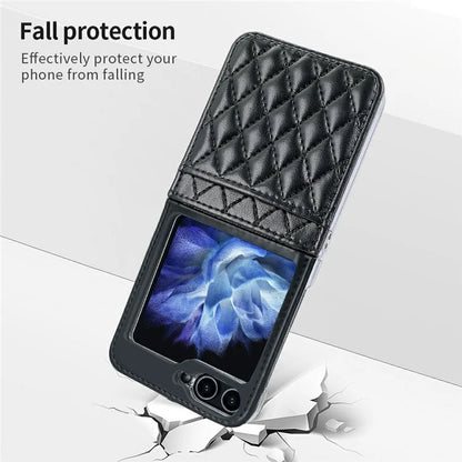 For Samsung Galaxy Z Flip5 5G Case with Strap Card Slot PU+PC Phone Cover Built-In Tempered Glass Back Film