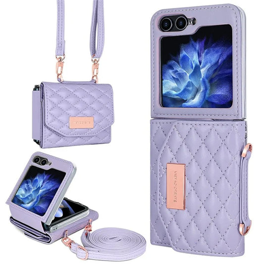 For Samsung Galaxy Z Flip5 5G Case with Shoulder Strap PU+PC Wallet Phone Cover Built-In Back Screen Film