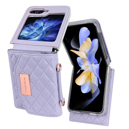 For Samsung Galaxy Z Flip5 5G Case with Shoulder Strap PU+PC Wallet Phone Cover Built-In Back Screen Film