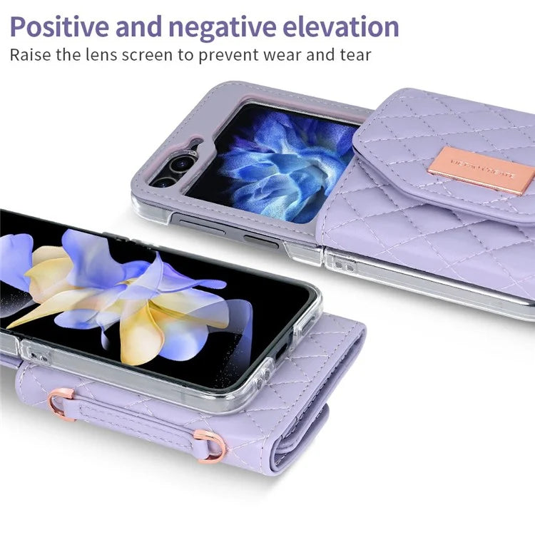 For Samsung Galaxy Z Flip5 5G Case with Shoulder Strap PU+PC Wallet Phone Cover Built-In Back Screen Film