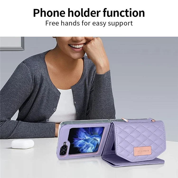 For Samsung Galaxy Z Flip5 5G Case with Shoulder Strap PU+PC Wallet Phone Cover Built-In Back Screen Film