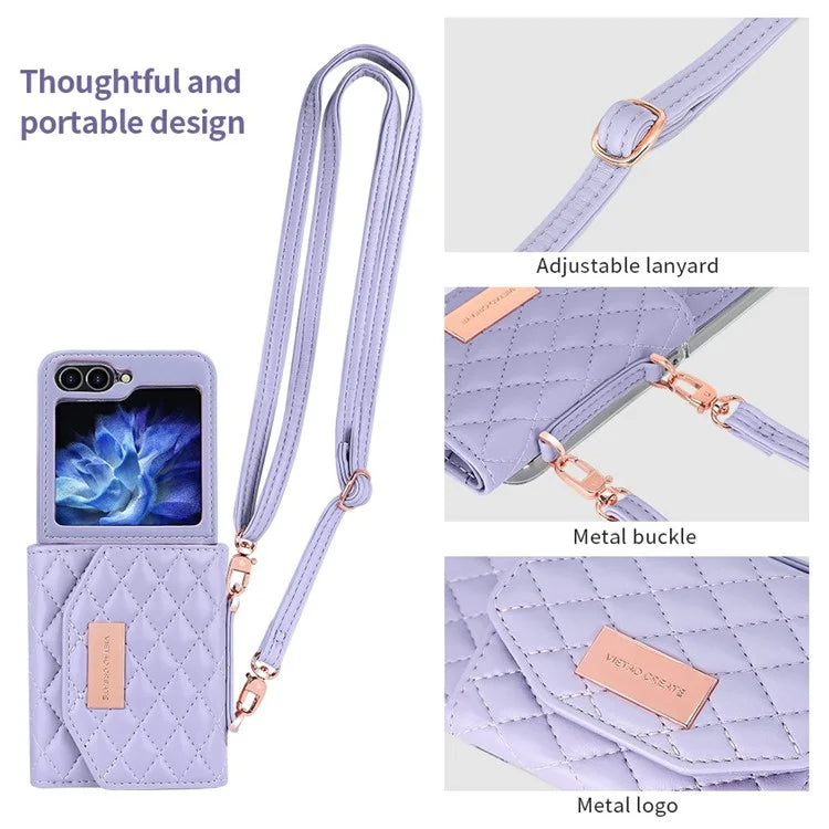 For Samsung Galaxy Z Flip5 5G Case with Shoulder Strap PU+PC Wallet Phone Cover Built-In Back Screen Film