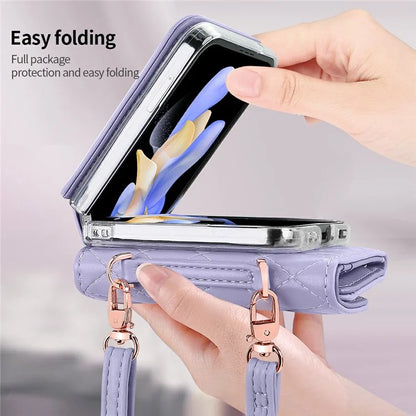 For Samsung Galaxy Z Flip5 5G Case with Shoulder Strap PU+PC Wallet Phone Cover Built-In Back Screen Film