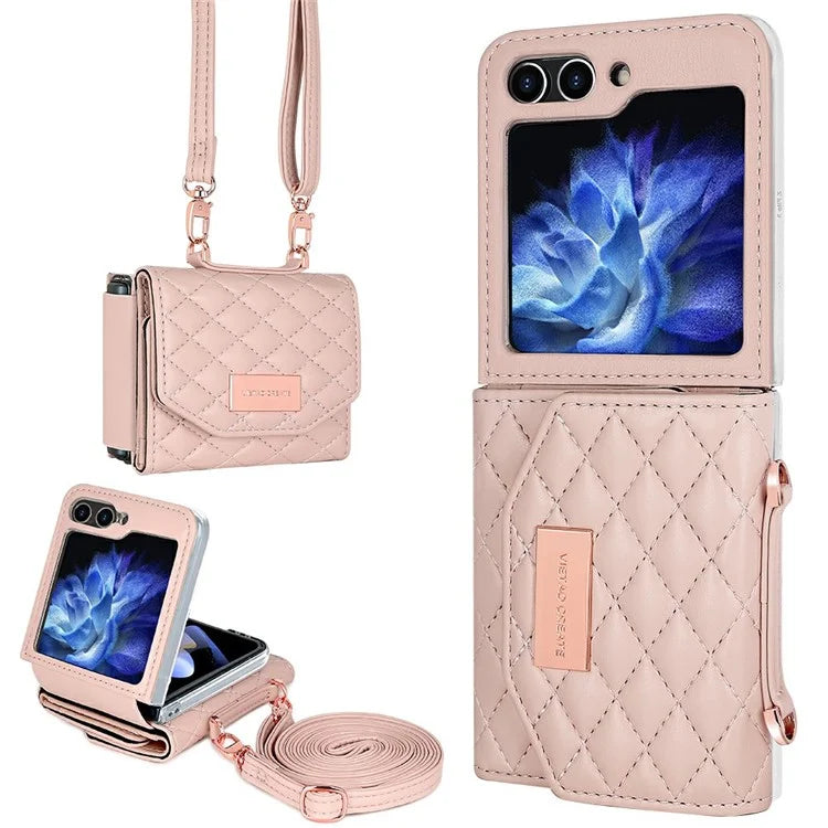 For Samsung Galaxy Z Flip5 5G Case with Shoulder Strap PU+PC Wallet Phone Cover Built-In Back Screen Film