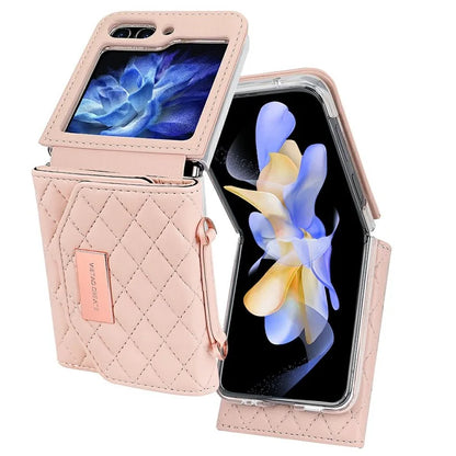 For Samsung Galaxy Z Flip5 5G Case with Shoulder Strap PU+PC Wallet Phone Cover Built-In Back Screen Film