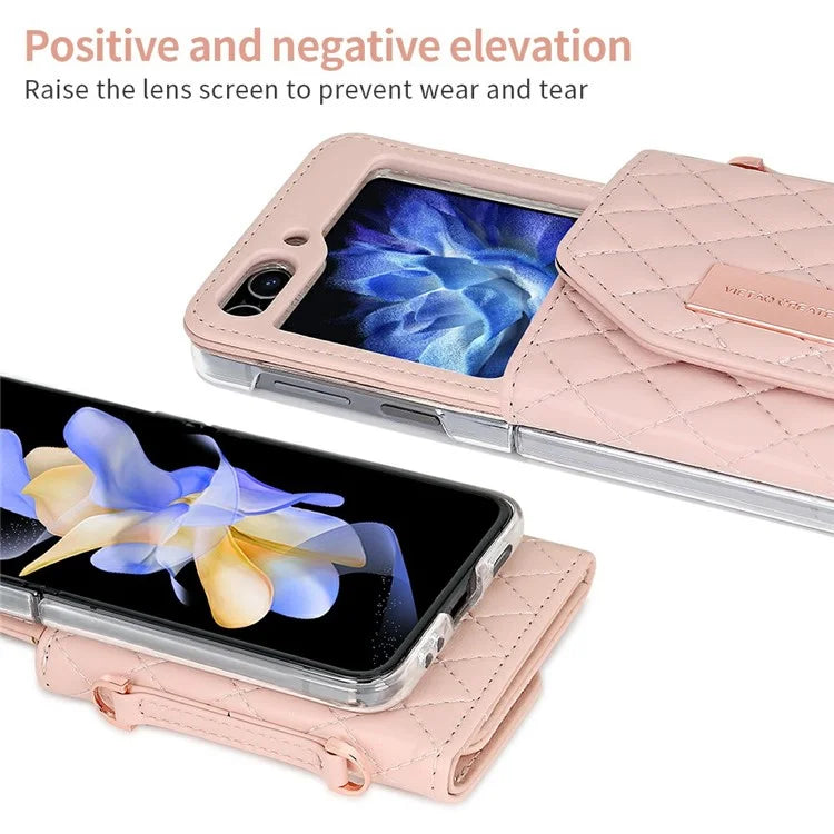 For Samsung Galaxy Z Flip5 5G Case with Shoulder Strap PU+PC Wallet Phone Cover Built-In Back Screen Film
