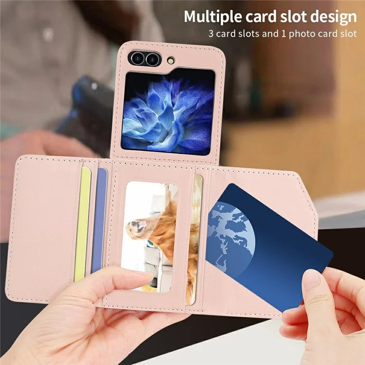 For Samsung Galaxy Z Flip5 5G Case with Shoulder Strap PU+PC Wallet Phone Cover Built-In Back Screen Film