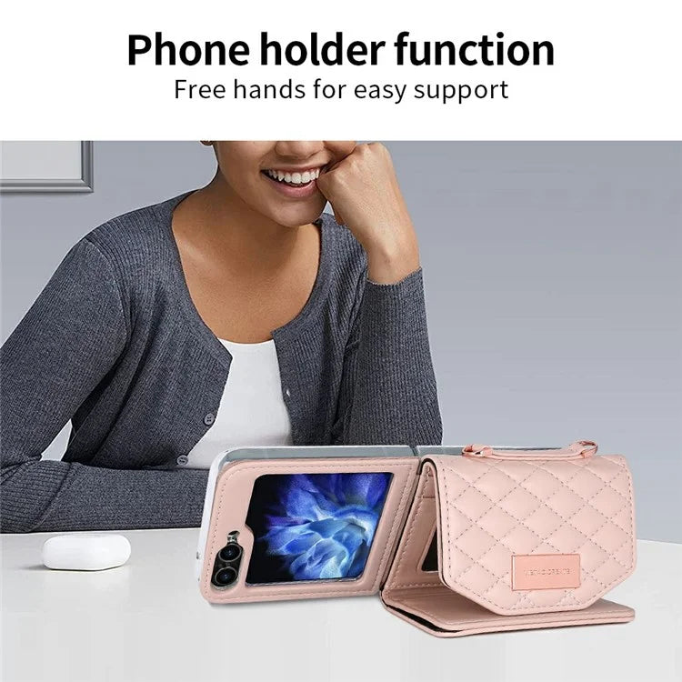 For Samsung Galaxy Z Flip5 5G Case with Shoulder Strap PU+PC Wallet Phone Cover Built-In Back Screen Film