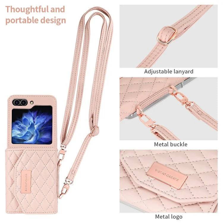 For Samsung Galaxy Z Flip5 5G Case with Shoulder Strap PU+PC Wallet Phone Cover Built-In Back Screen Film