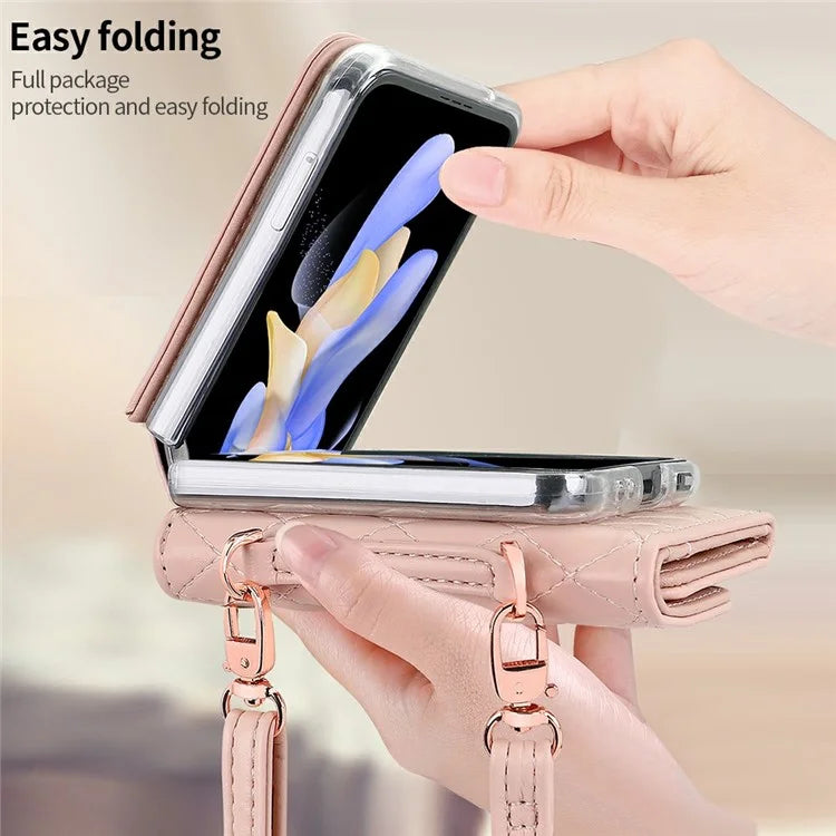 For Samsung Galaxy Z Flip5 5G Case with Shoulder Strap PU+PC Wallet Phone Cover Built-In Back Screen Film