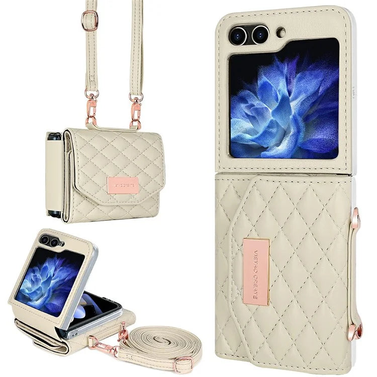 For Samsung Galaxy Z Flip5 5G Case with Shoulder Strap PU+PC Wallet Phone Cover Built-In Back Screen Film