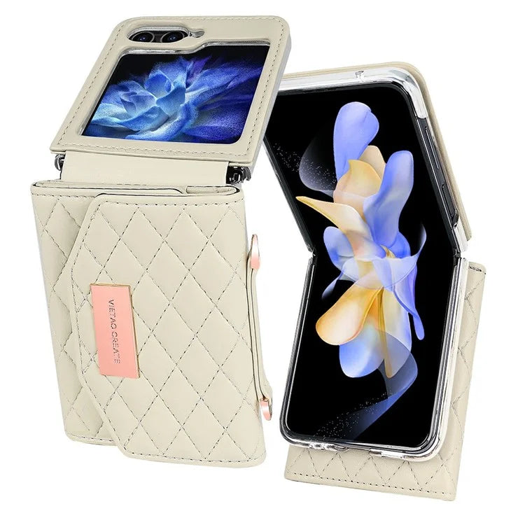 For Samsung Galaxy Z Flip5 5G Case with Shoulder Strap PU+PC Wallet Phone Cover Built-In Back Screen Film