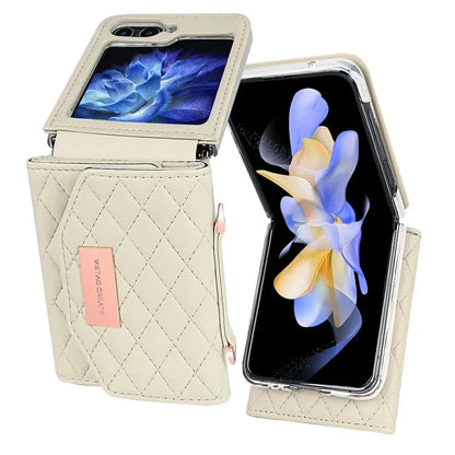 For Samsung Galaxy Z Flip5 5G Case with Shoulder Strap PU+PC Wallet Phone Cover Built-In Back Screen Film