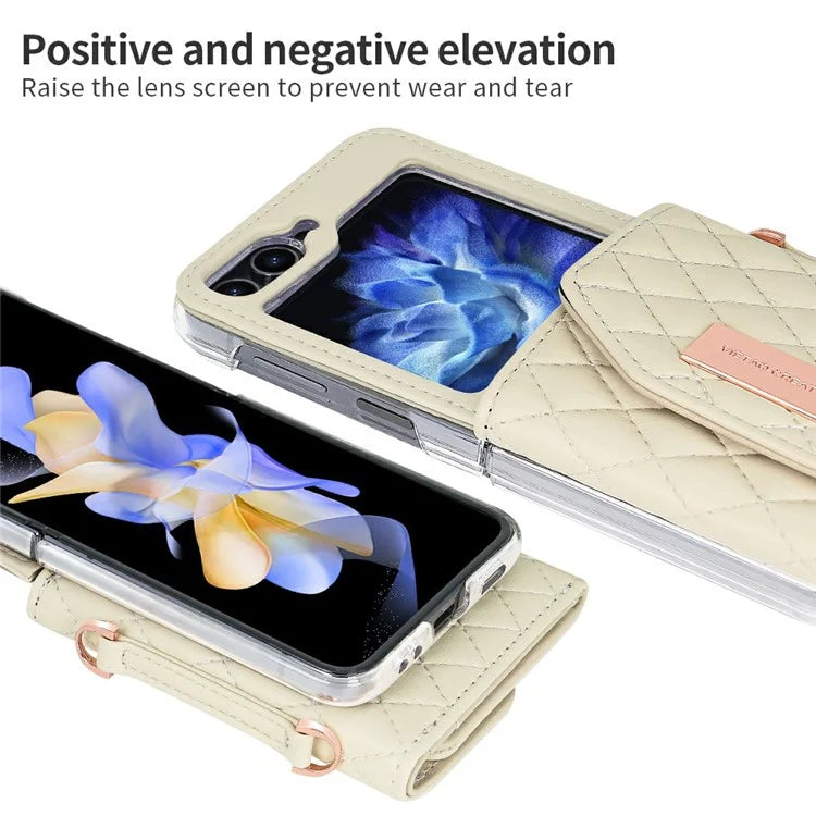 For Samsung Galaxy Z Flip5 5G Case with Shoulder Strap PU+PC Wallet Phone Cover Built-In Back Screen Film