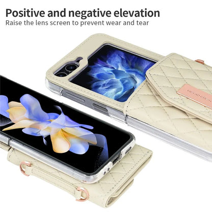 For Samsung Galaxy Z Flip5 5G Case with Shoulder Strap PU+PC Wallet Phone Cover Built-In Back Screen Film