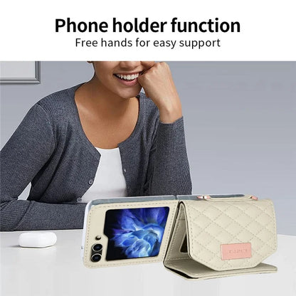 For Samsung Galaxy Z Flip5 5G Case with Shoulder Strap PU+PC Wallet Phone Cover Built-In Back Screen Film
