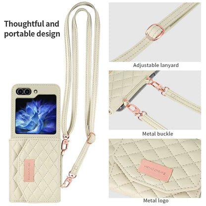 For Samsung Galaxy Z Flip5 5G Case with Shoulder Strap PU+PC Wallet Phone Cover Built-In Back Screen Film