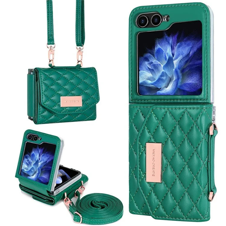 For Samsung Galaxy Z Flip5 5G Case with Shoulder Strap PU+PC Wallet Phone Cover Built-In Back Screen Film