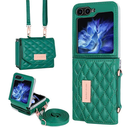 For Samsung Galaxy Z Flip5 5G Case with Shoulder Strap PU+PC Wallet Phone Cover Built-In Back Screen Film