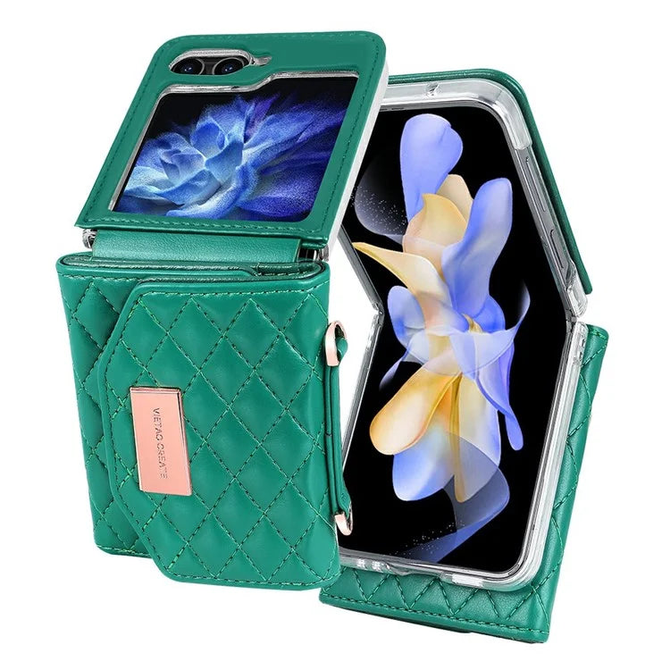For Samsung Galaxy Z Flip5 5G Case with Shoulder Strap PU+PC Wallet Phone Cover Built-In Back Screen Film