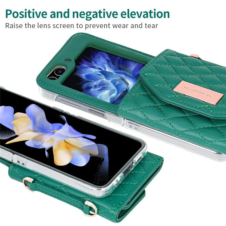 For Samsung Galaxy Z Flip5 5G Case with Shoulder Strap PU+PC Wallet Phone Cover Built-In Back Screen Film