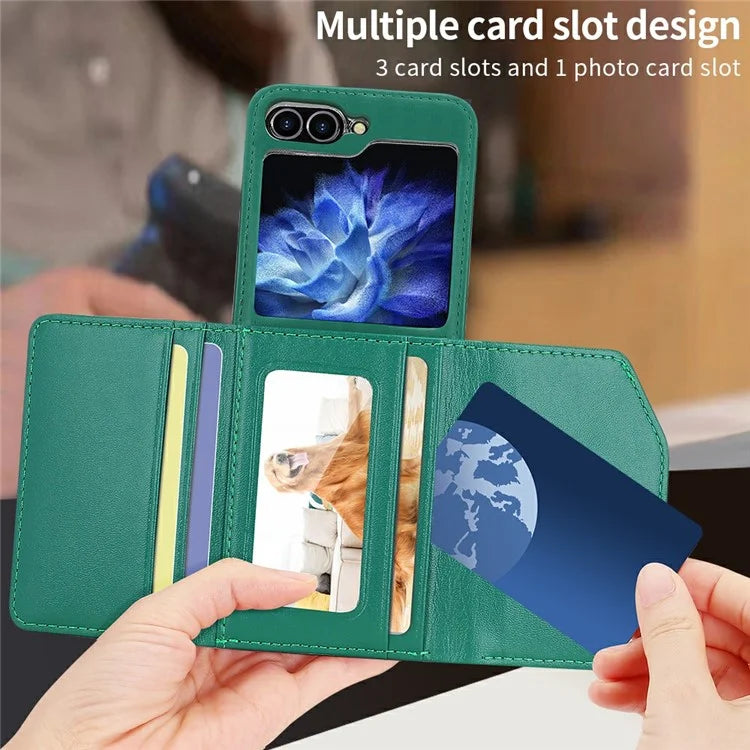 For Samsung Galaxy Z Flip5 5G Case with Shoulder Strap PU+PC Wallet Phone Cover Built-In Back Screen Film