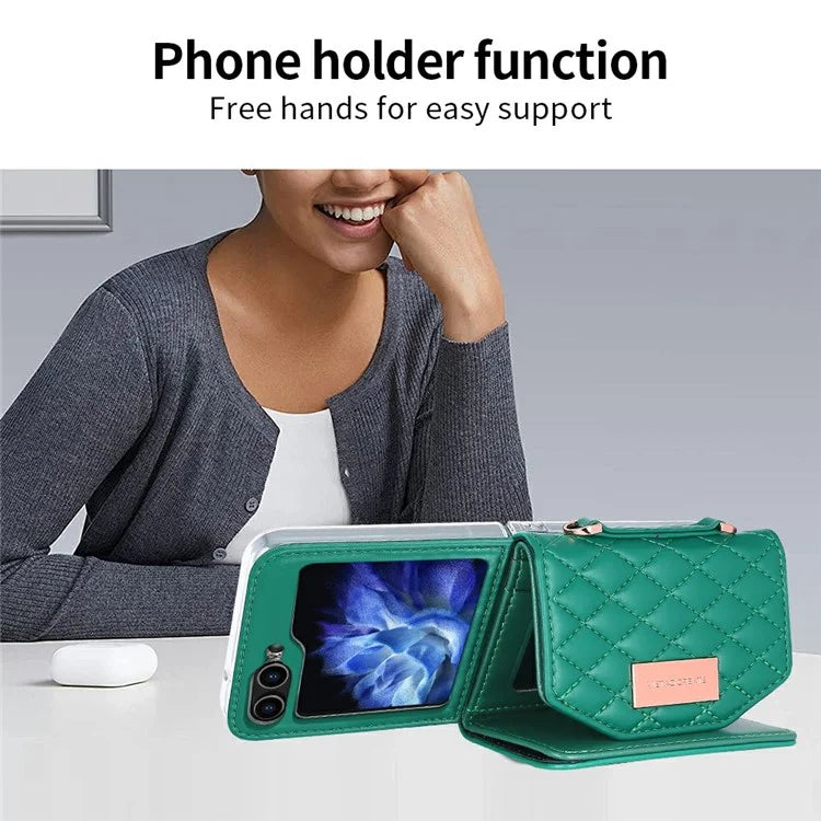 For Samsung Galaxy Z Flip5 5G Case with Shoulder Strap PU+PC Wallet Phone Cover Built-In Back Screen Film