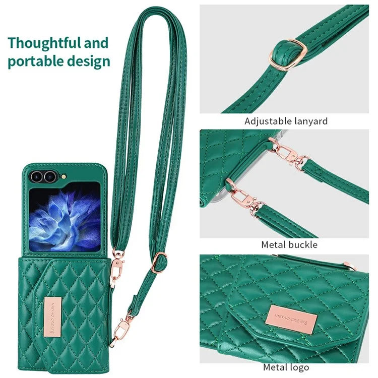 For Samsung Galaxy Z Flip5 5G Case with Shoulder Strap PU+PC Wallet Phone Cover Built-In Back Screen Film