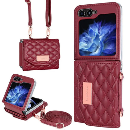 For Samsung Galaxy Z Flip5 5G Case with Shoulder Strap PU+PC Wallet Phone Cover Built-In Back Screen Film