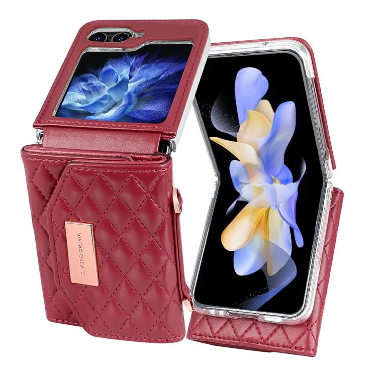 For Samsung Galaxy Z Flip5 5G Case with Shoulder Strap PU+PC Wallet Phone Cover Built-In Back Screen Film