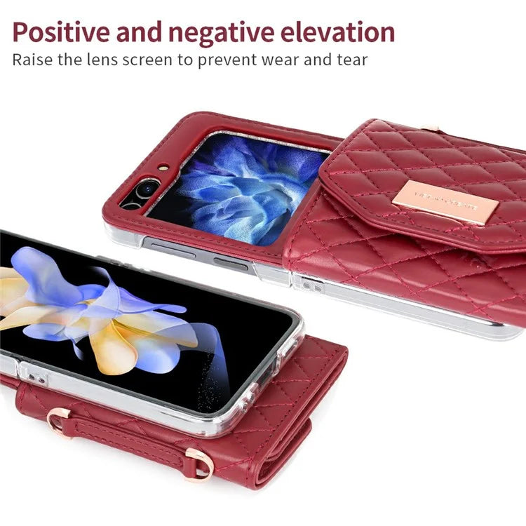 For Samsung Galaxy Z Flip5 5G Case with Shoulder Strap PU+PC Wallet Phone Cover Built-In Back Screen Film