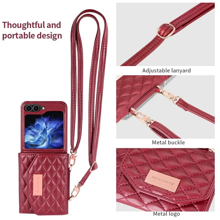 For Samsung Galaxy Z Flip5 5G Case with Shoulder Strap PU+PC Wallet Phone Cover Built-In Back Screen Film