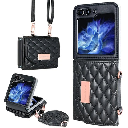 For Samsung Galaxy Z Flip5 5G Case with Shoulder Strap PU+PC Wallet Phone Cover Built-In Back Screen Film