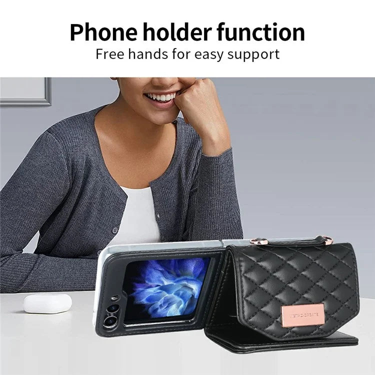 For Samsung Galaxy Z Flip5 5G Case with Shoulder Strap PU+PC Wallet Phone Cover Built-In Back Screen Film