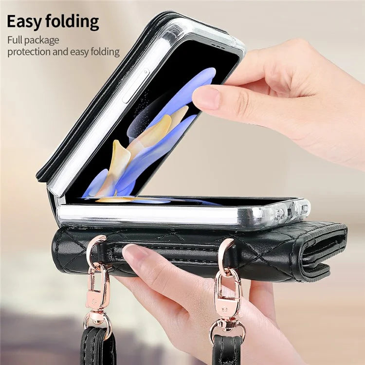 For Samsung Galaxy Z Flip5 5G Case with Shoulder Strap PU+PC Wallet Phone Cover Built-In Back Screen Film
