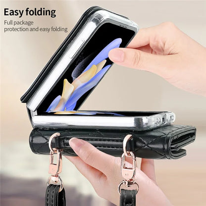 For Samsung Galaxy Z Flip5 5G Case with Shoulder Strap PU+PC Wallet Phone Cover Built-In Back Screen Film