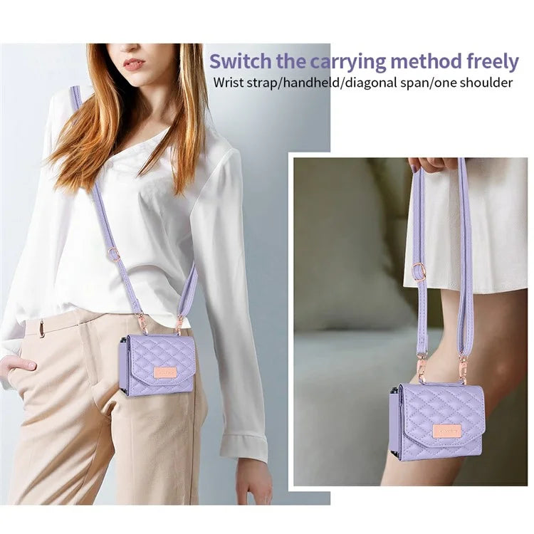 For Samsung Galaxy Z Flip6 5G Case with Shoulder Strap PU+PC Wallet Phone Cover Built-In Back Screen Film