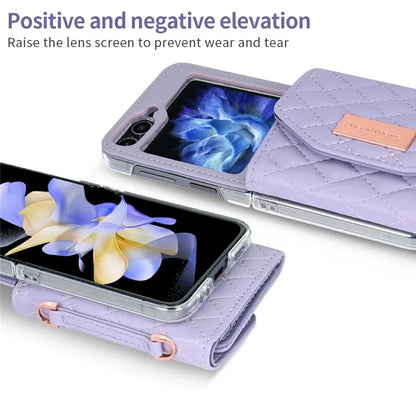 For Samsung Galaxy Z Flip6 5G Case with Shoulder Strap PU+PC Wallet Phone Cover Built-In Back Screen Film